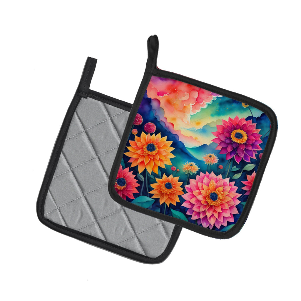 Colorful Dahlias Pot Holder Set of 2 Heat Resistant Quilted Hot Pads 7.5 x 7.5 Inch, Insulated Kitchen Trivets for Cooking & Baking