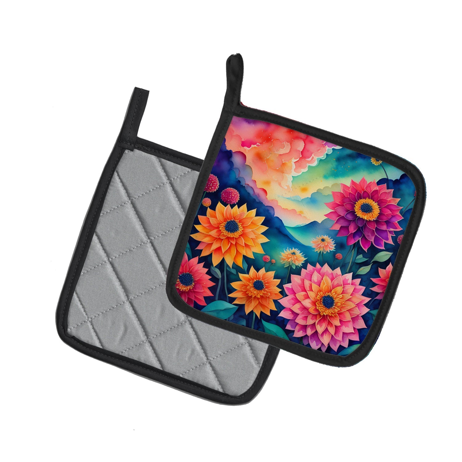 Colorful Dahlias Pot Holder Set of 2 Heat Resistant Quilted Hot Pads 7.5 x 7.5 Inch, Insulated Kitchen Trivets for Cooking & Baking