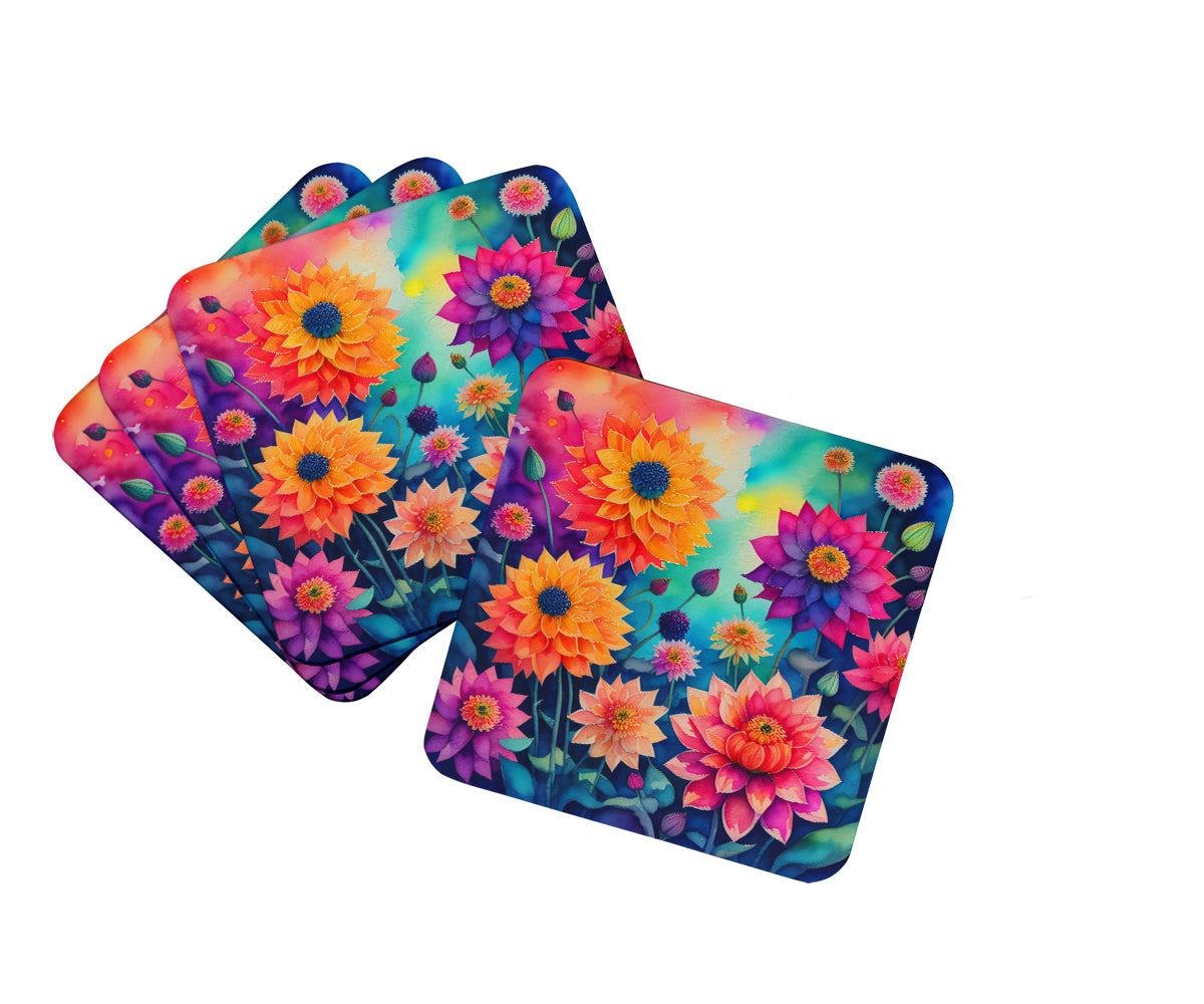 Colorful Dahlias Foam Coasters Set of 4 Cup Coasters for Indoor Outdoor, Tabletop Protection, Anti Slip, Mouse pad Material