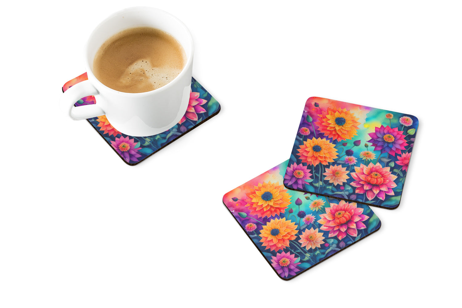 Colorful Dahlias Foam Coasters Set of 4 Cup Coasters for Indoor Outdoor, Tabletop Protection, Anti Slip, Mouse pad Material