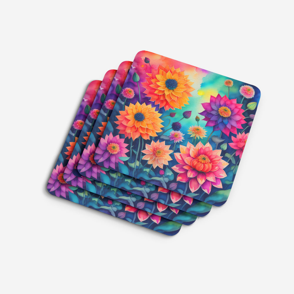 Colorful Dahlias Foam Coasters Set of 4 Cup Coasters for Indoor Outdoor, Tabletop Protection, Anti Slip, Mouse pad Material