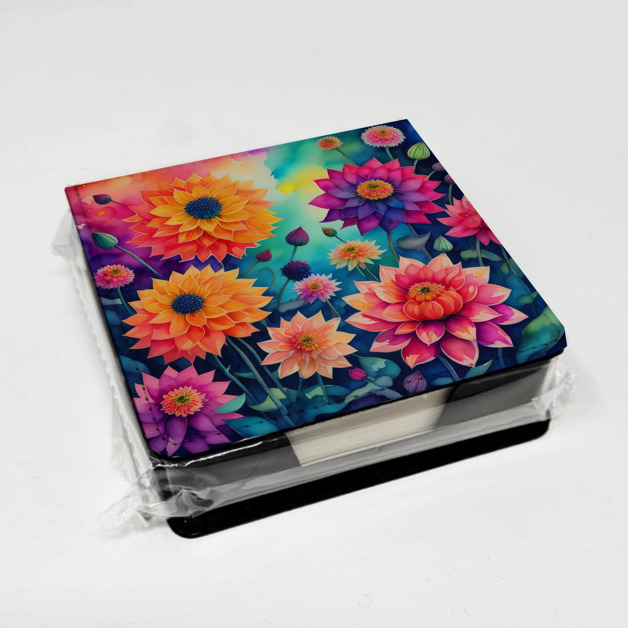 Colorful Dahlias PU Leather Note Paper Holder with Artist-Designed Cover, Desk Accessory, Office Gift