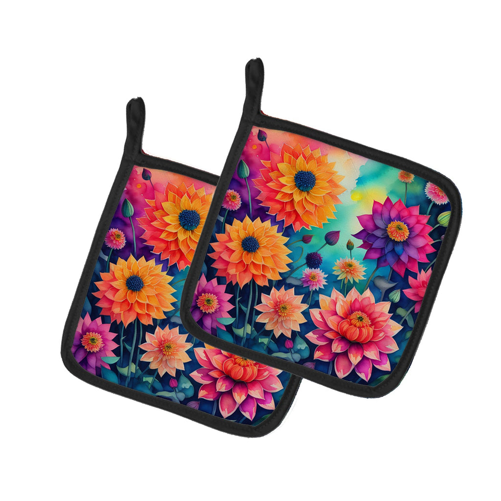 Colorful Dahlias Pot Holder Set of 2 Heat Resistant Quilted Hot Pads 7.5 x 7.5 Inch, Insulated Kitchen Trivets for Cooking & Baking