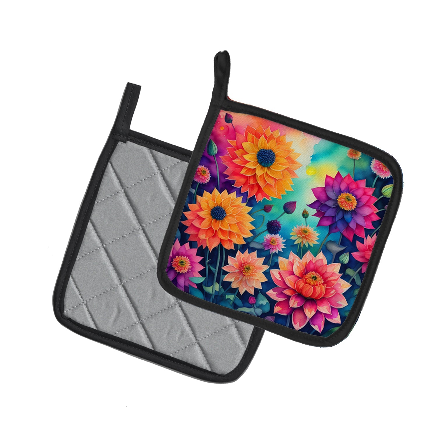 Colorful Dahlias Pot Holder Set of 2 Heat Resistant Quilted Hot Pads 7.5 x 7.5 Inch, Insulated Kitchen Trivets for Cooking & Baking