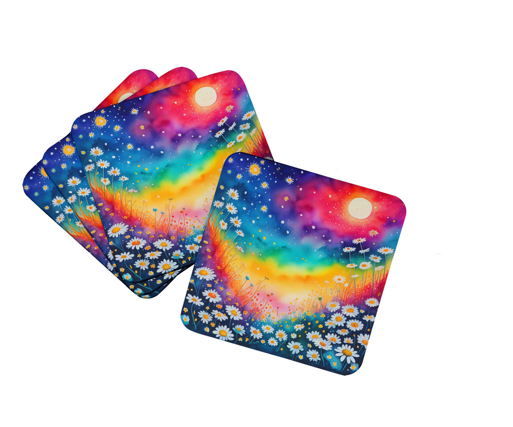 Colorful Daisies Foam Coasters Set of 4 Cup Coasters for Indoor Outdoor, Tabletop Protection, Anti Slip, Mouse pad Material