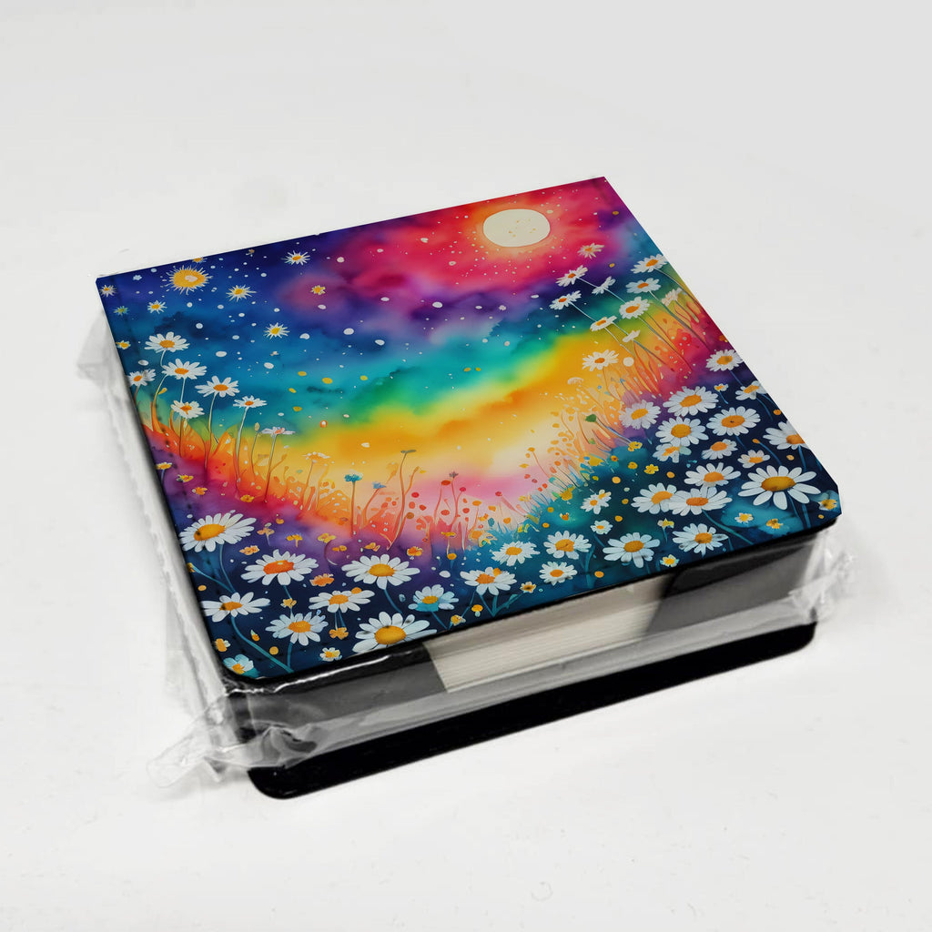 Colorful Daisies PU Leather Note Paper Holder with Artist-Designed Cover, Desk Accessory, Office Gift
