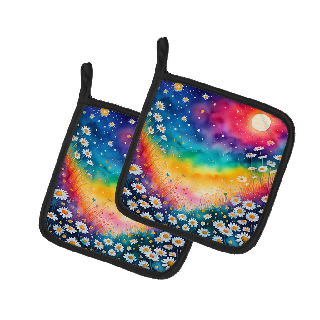 Colorful Daisies Pot Holder Set of 2 Heat Resistant Quilted Hot Pads 7.5 x 7.5 Inch, Insulated Kitchen Trivets for Cooking & Baking