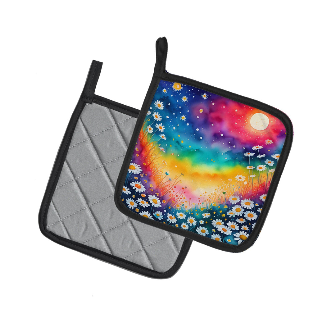Colorful Daisies Pot Holder Set of 2 Heat Resistant Quilted Hot Pads 7.5 x 7.5 Inch, Insulated Kitchen Trivets for Cooking & Baking