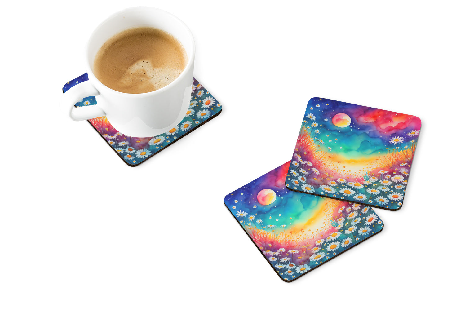 Colorful Daisies Foam Coasters Set of 4 Cup Coasters for Indoor Outdoor, Tabletop Protection, Anti Slip, Mouse pad Material