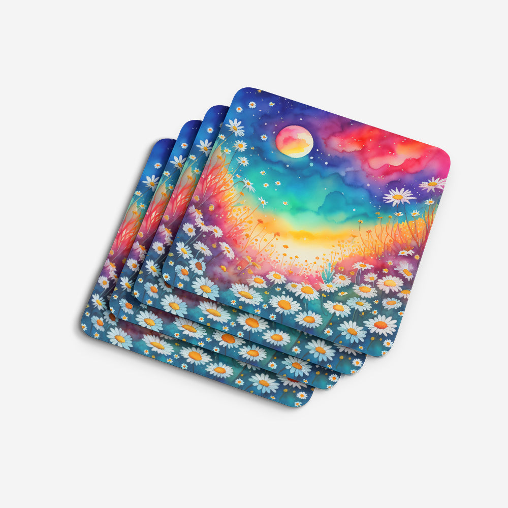 Colorful Daisies Foam Coasters Set of 4 Cup Coasters for Indoor Outdoor, Tabletop Protection, Anti Slip, Mouse pad Material