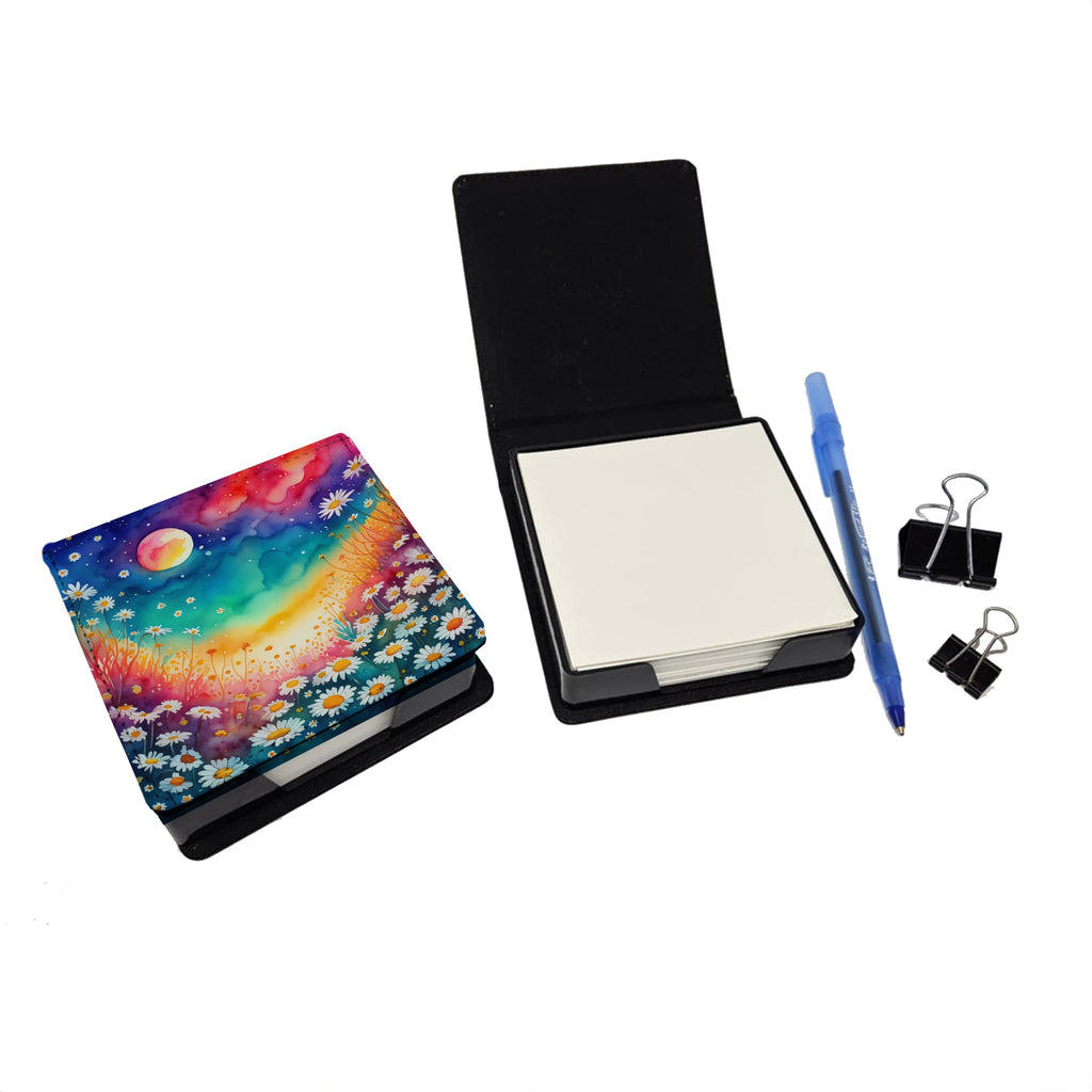 Colorful Daisies PU Leather Note Paper Holder with Artist-Designed Cover, Desk Accessory, Office Gift