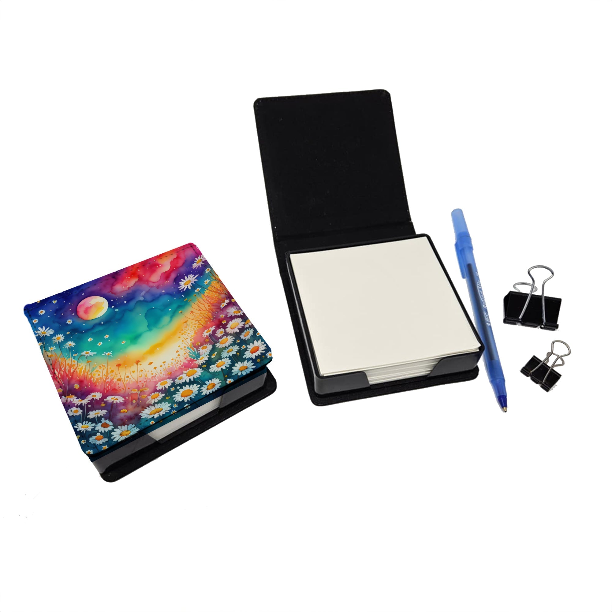 Colorful Daisies PU Leather Note Paper Holder with Artist-Designed Cover, Desk Accessory, Office Gift