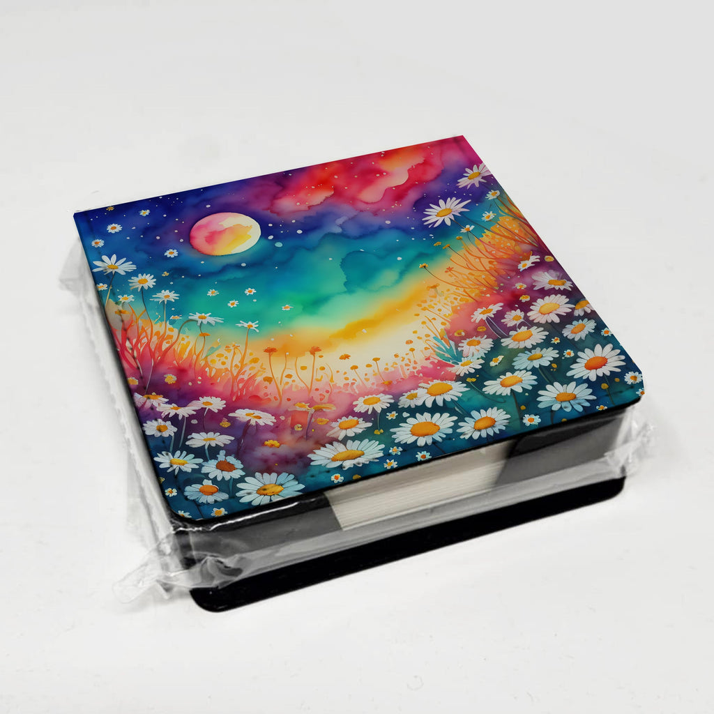 Colorful Daisies PU Leather Note Paper Holder with Artist-Designed Cover, Desk Accessory, Office Gift