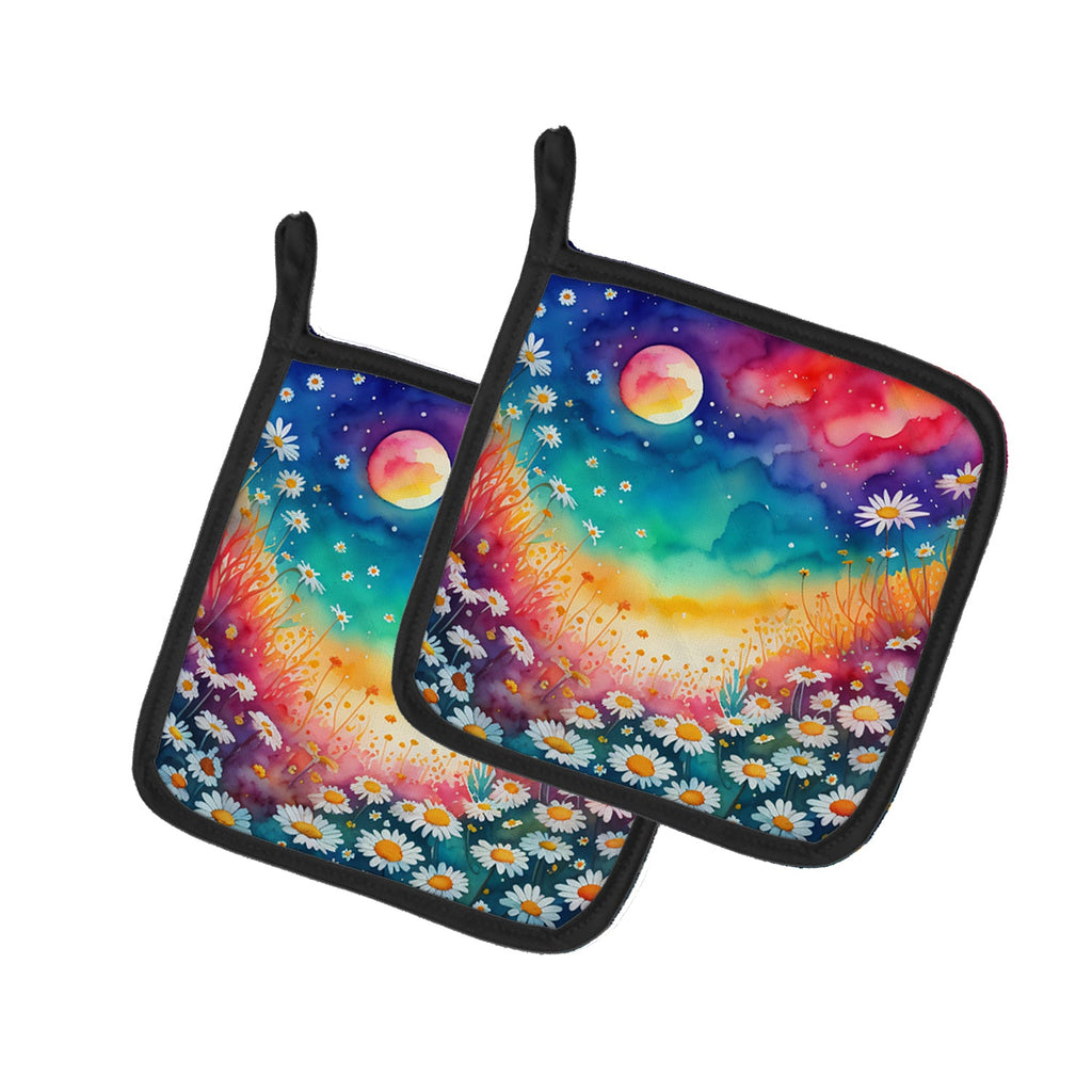 Colorful Daisies Pot Holder Set of 2 Heat Resistant Quilted Hot Pads 7.5 x 7.5 Inch, Insulated Kitchen Trivets for Cooking & Baking