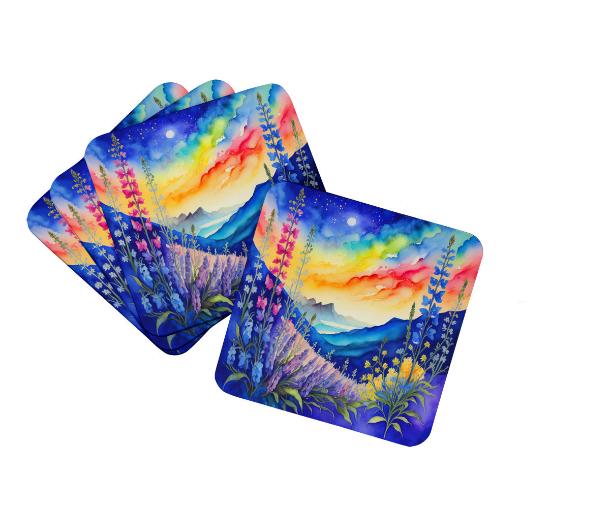 Colorful Delphinium Foam Coasters Set of 4 Cup Coasters for Indoor Outdoor, Tabletop Protection, Anti Slip, Mouse pad Material