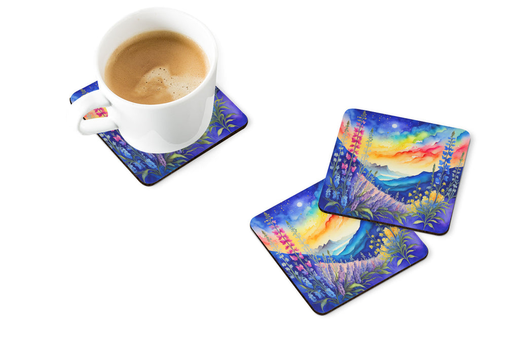 Colorful Delphinium Foam Coasters Set of 4 Cup Coasters for Indoor Outdoor, Tabletop Protection, Anti Slip, Mouse pad Material