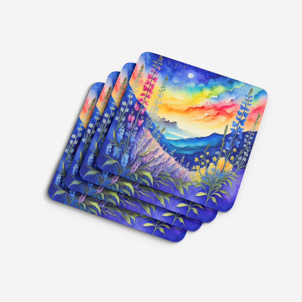 Colorful Delphinium Foam Coasters Set of 4 Cup Coasters for Indoor Outdoor, Tabletop Protection, Anti Slip, Mouse pad Material