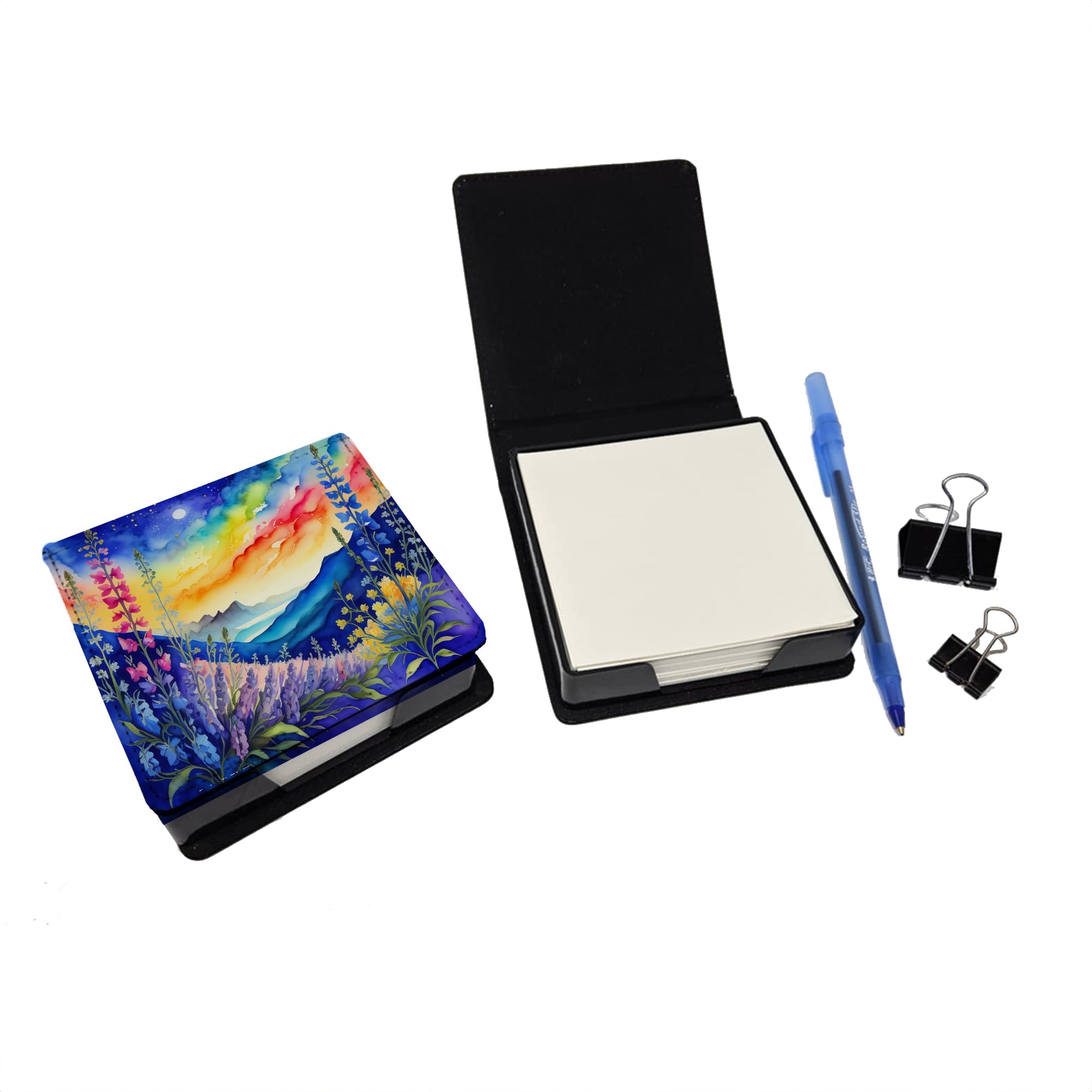 Colorful Delphinium PU Leather Note Paper Holder with Artist-Designed Cover, Desk Accessory, Office Gift