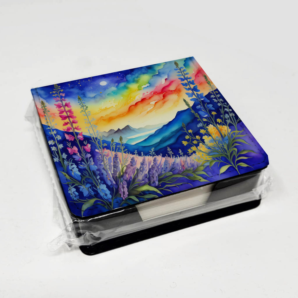 Colorful Delphinium PU Leather Note Paper Holder with Artist-Designed Cover, Desk Accessory, Office Gift