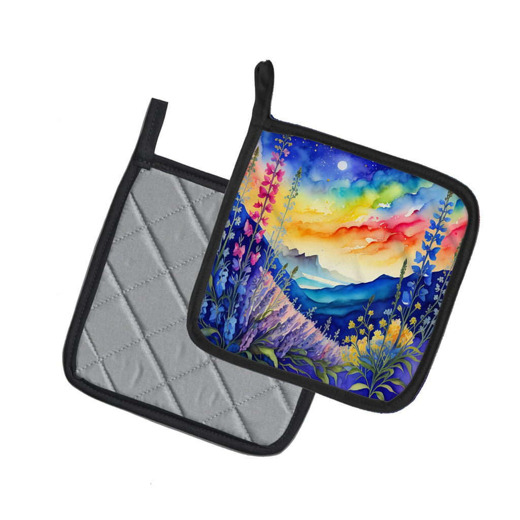 Colorful Delphinium Pot Holder Set of 2 Heat Resistant Quilted Hot Pads 7.5 x 7.5 Inch, Insulated Kitchen Trivets for Cooking & Baking