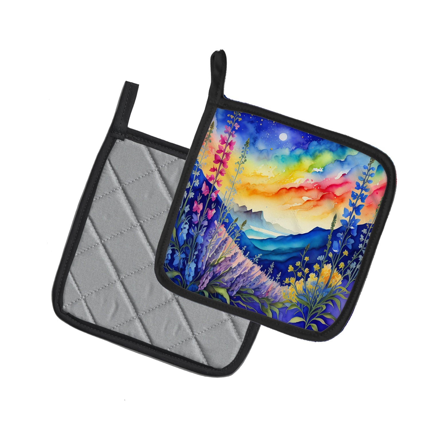Colorful Delphinium Pot Holder Set of 2 Heat Resistant Quilted Hot Pads 7.5 x 7.5 Inch, Insulated Kitchen Trivets for Cooking & Baking