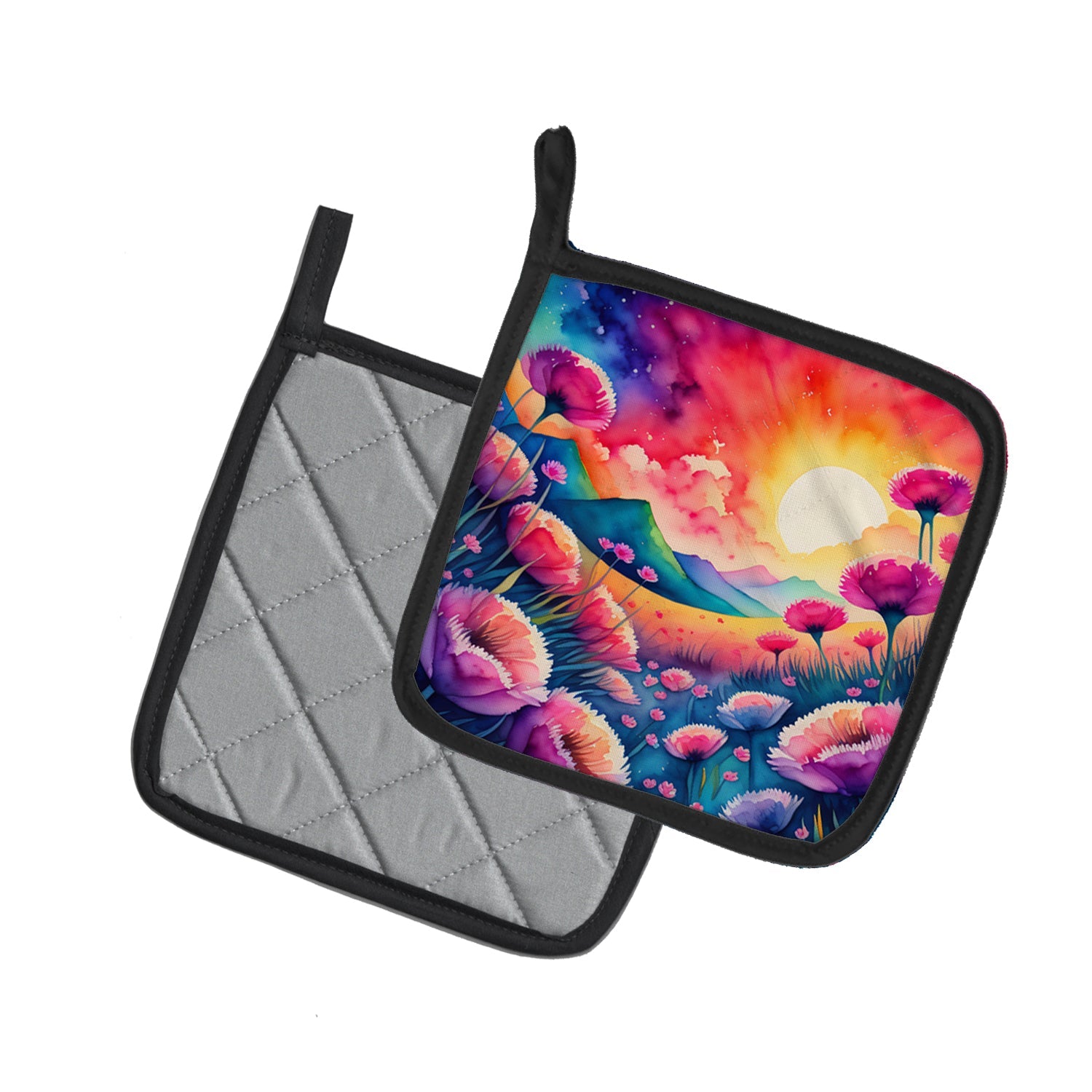 Colorful Dianthus Pot Holder Set of 2 Heat Resistant Quilted Hot Pads 7.5 x 7.5 Inch, Insulated Kitchen Trivets for Cooking & Baking