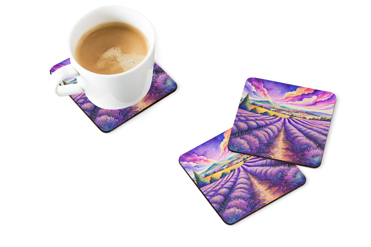 Colorful English Lavender Foam Coasters Set of 4 Cup Coasters for Indoor Outdoor, Tabletop Protection, Anti Slip, Mouse pad Material