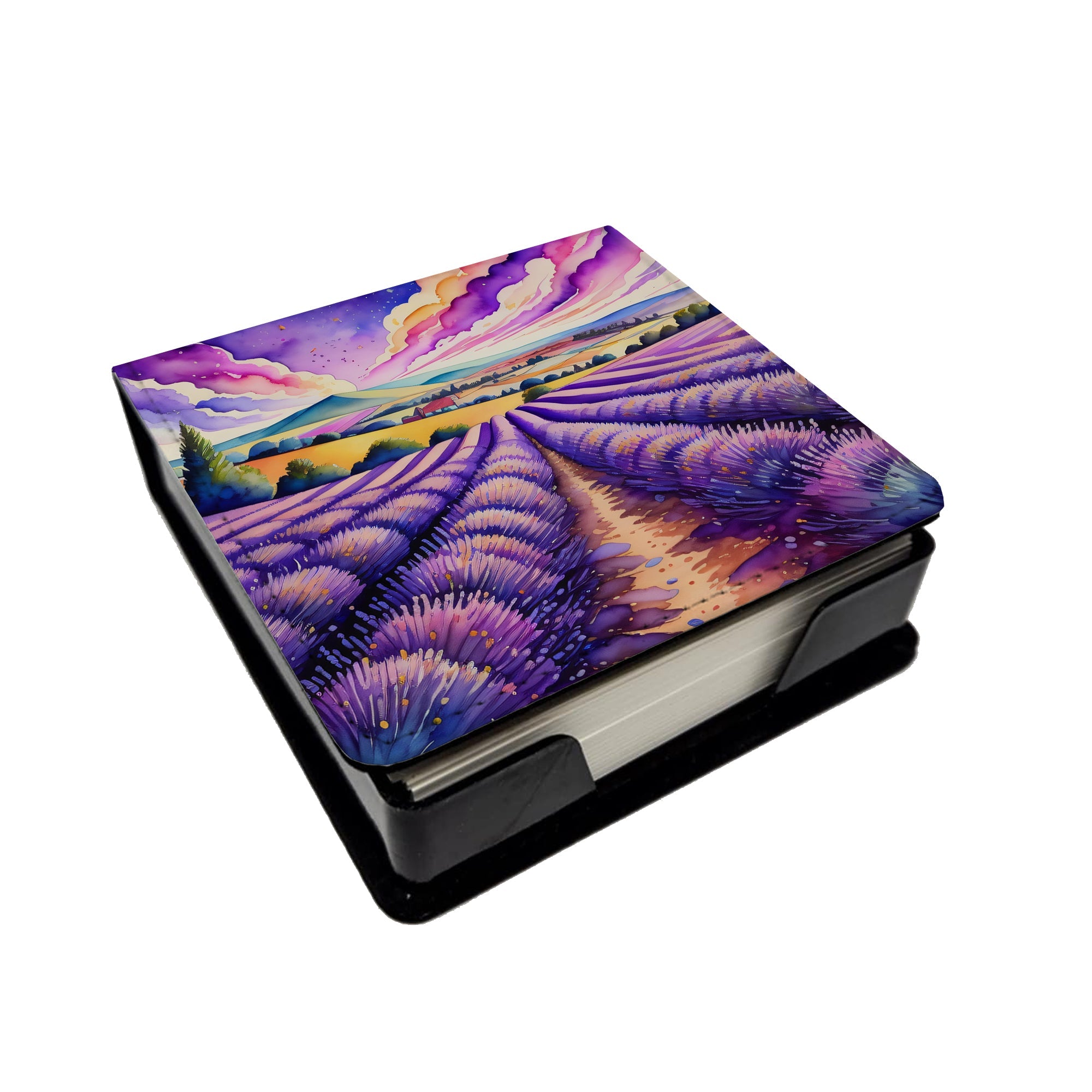 Colorful English Lavender PU Leather Note Paper Holder with Artist-Designed Cover, Desk Accessory, Office Gift