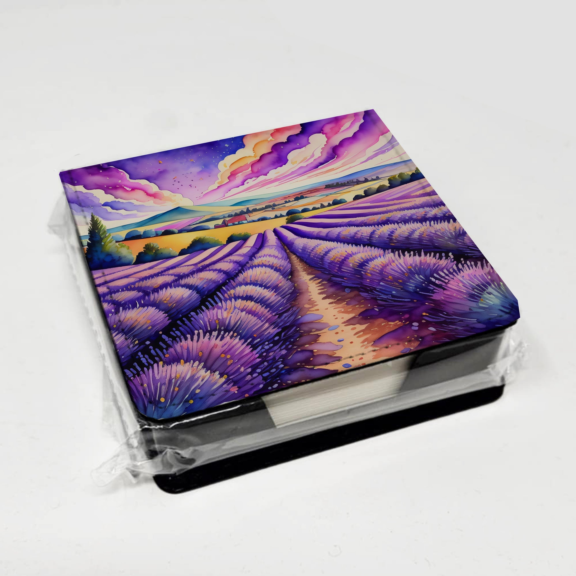 Colorful English Lavender PU Leather Note Paper Holder with Artist-Designed Cover, Desk Accessory, Office Gift