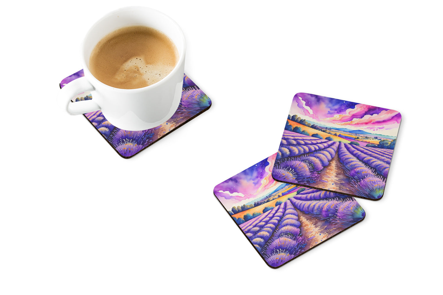 Colorful English Lavender Foam Coasters Set of 4 Cup Coasters for Indoor Outdoor, Tabletop Protection, Anti Slip, Mouse pad Material