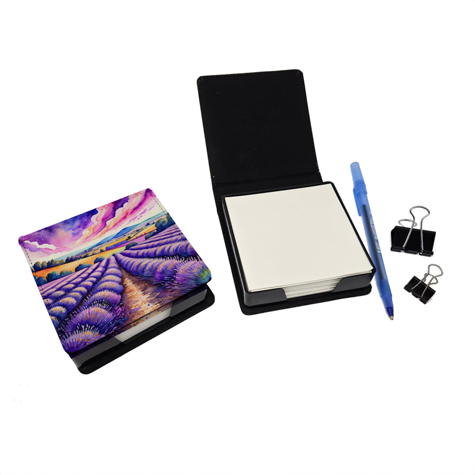 Colorful English Lavender PU Leather Note Paper Holder with Artist-Designed Cover, Desk Accessory, Office Gift