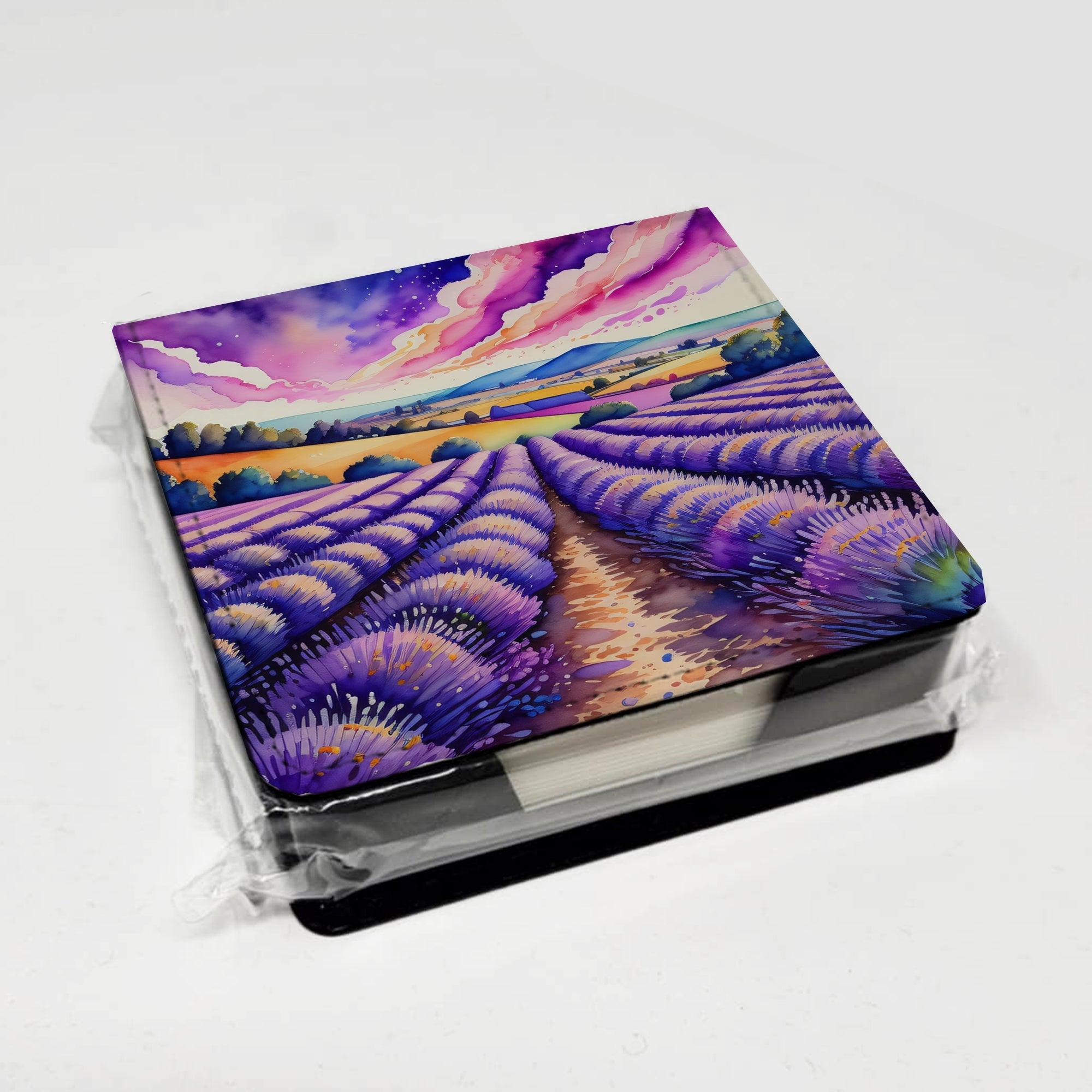 Colorful English Lavender PU Leather Note Paper Holder with Artist-Designed Cover, Desk Accessory, Office Gift