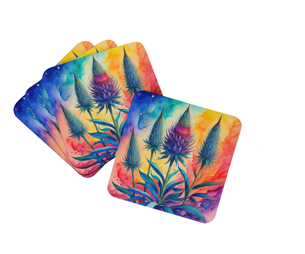 Colorful Eryngium Foam Coasters Set of 4 Cup Coasters for Indoor Outdoor, Tabletop Protection, Anti Slip, Mouse pad Material