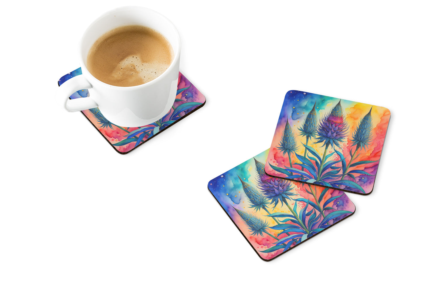 Colorful Eryngium Foam Coasters Set of 4 Cup Coasters for Indoor Outdoor, Tabletop Protection, Anti Slip, Mouse pad Material