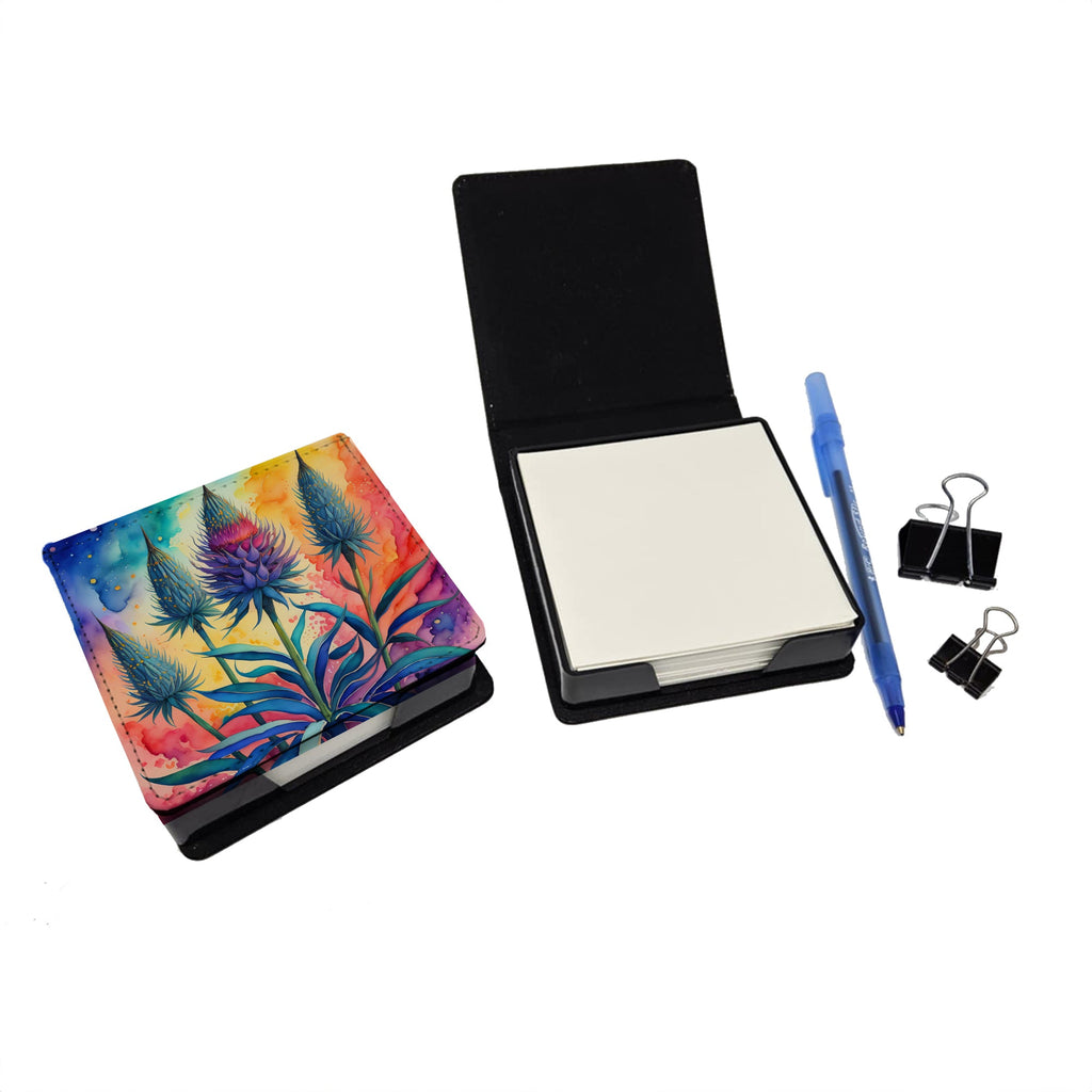 Colorful Eryngium PU Leather Note Paper Holder with Artist-Designed Cover, Desk Accessory, Office Gift