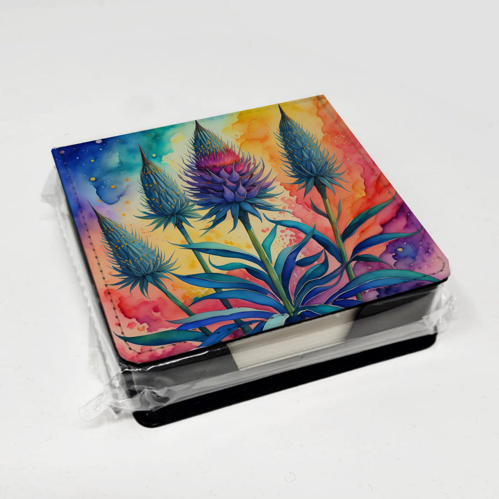 Colorful Eryngium PU Leather Note Paper Holder with Artist-Designed Cover, Desk Accessory, Office Gift