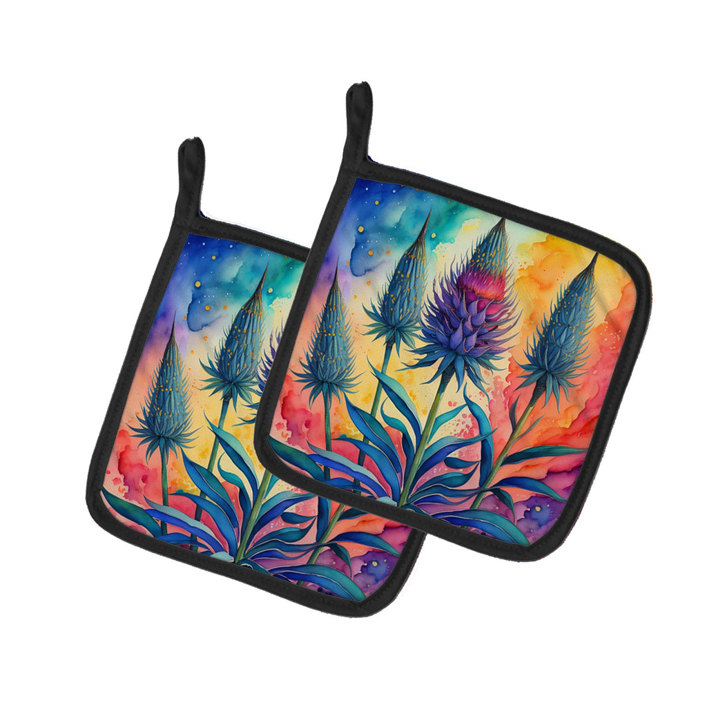 Colorful Eryngium Pot Holder Set of 2 Heat Resistant Quilted Hot Pads 7.5 x 7.5 Inch, Insulated Kitchen Trivets for Cooking & Baking