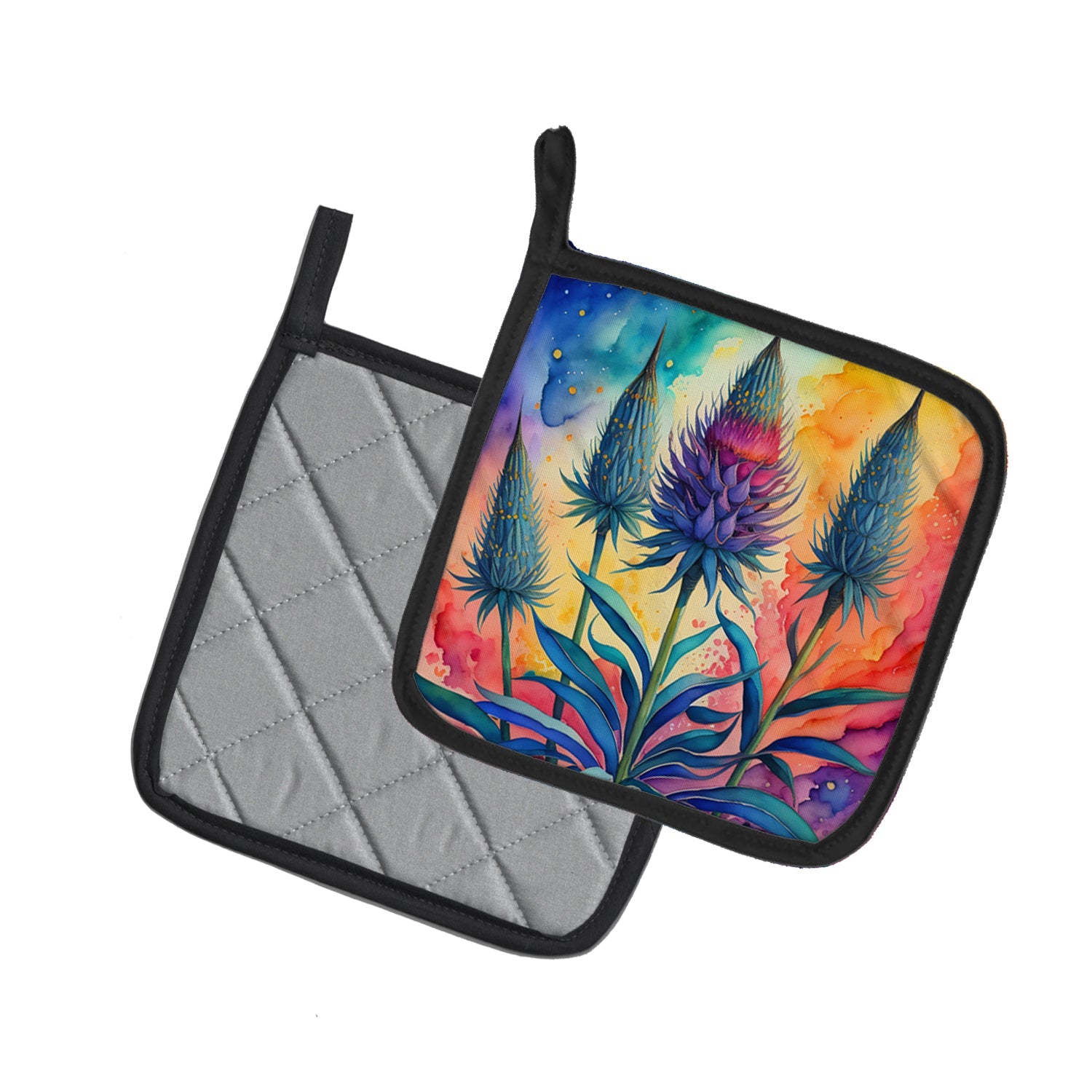 Colorful Eryngium Pot Holder Set of 2 Heat Resistant Quilted Hot Pads 7.5 x 7.5 Inch, Insulated Kitchen Trivets for Cooking & Baking