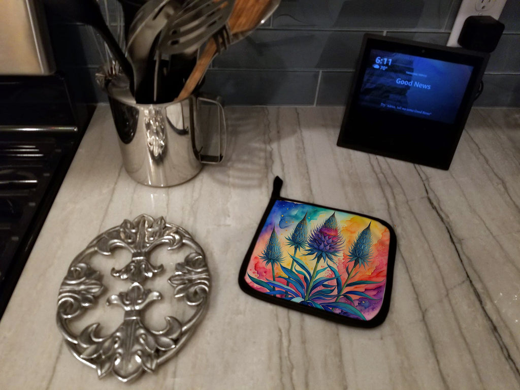 Colorful Eryngium Pot Holder Set of 2 Heat Resistant Quilted Hot Pads 7.5 x 7.5 Inch, Insulated Kitchen Trivets for Cooking & Baking