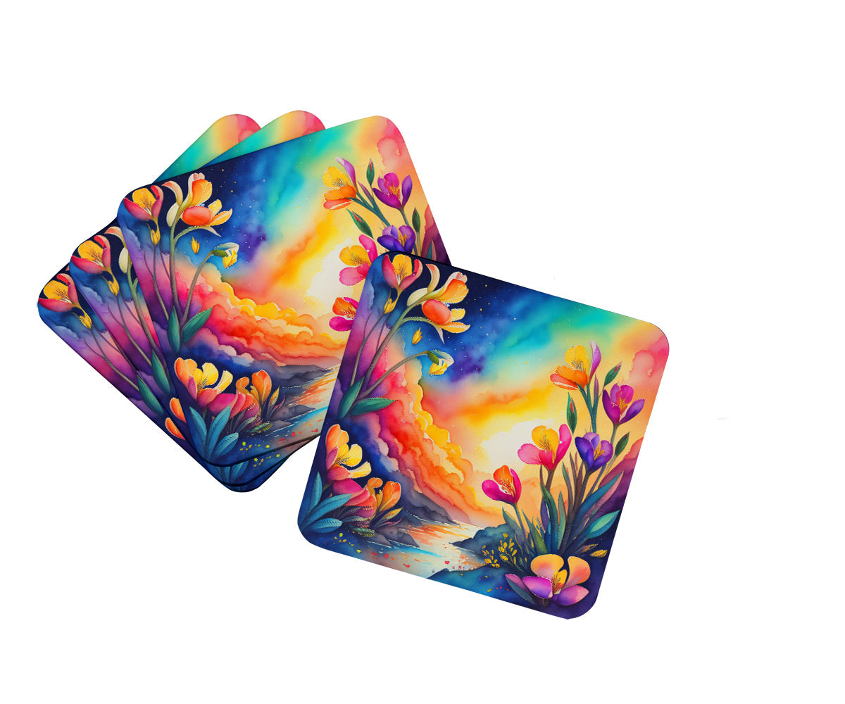 Colorful Freesia Foam Coasters Set of 4 Cup Coasters for Indoor Outdoor, Tabletop Protection, Anti Slip, Mouse pad Material