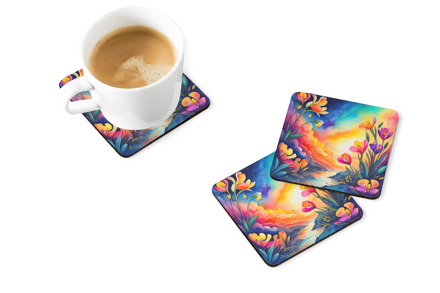 Colorful Freesia Foam Coasters Set of 4 Cup Coasters for Indoor Outdoor, Tabletop Protection, Anti Slip, Mouse pad Material