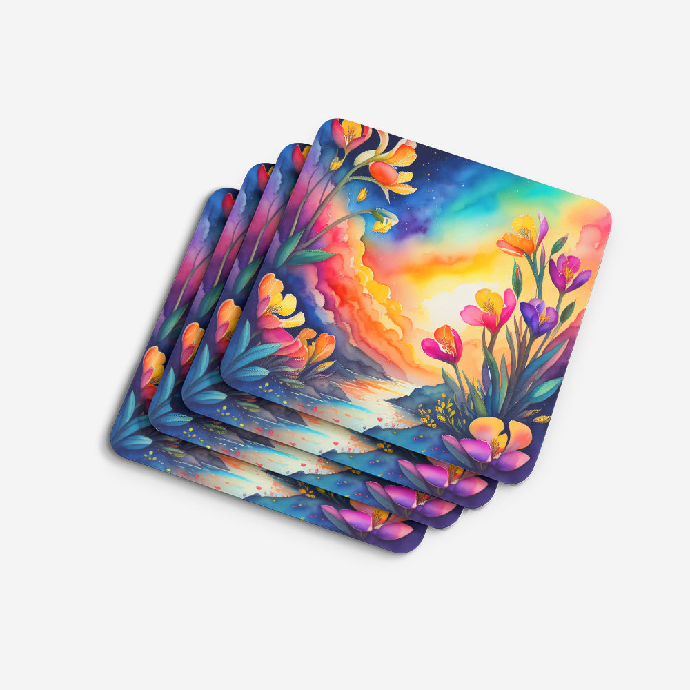 Colorful Freesia Foam Coasters Set of 4 Cup Coasters for Indoor Outdoor, Tabletop Protection, Anti Slip, Mouse pad Material