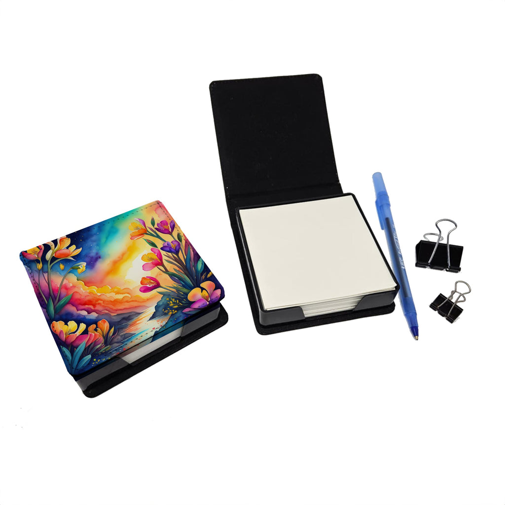Colorful Freesia PU Leather Note Paper Holder with Artist-Designed Cover, Desk Accessory, Office Gift