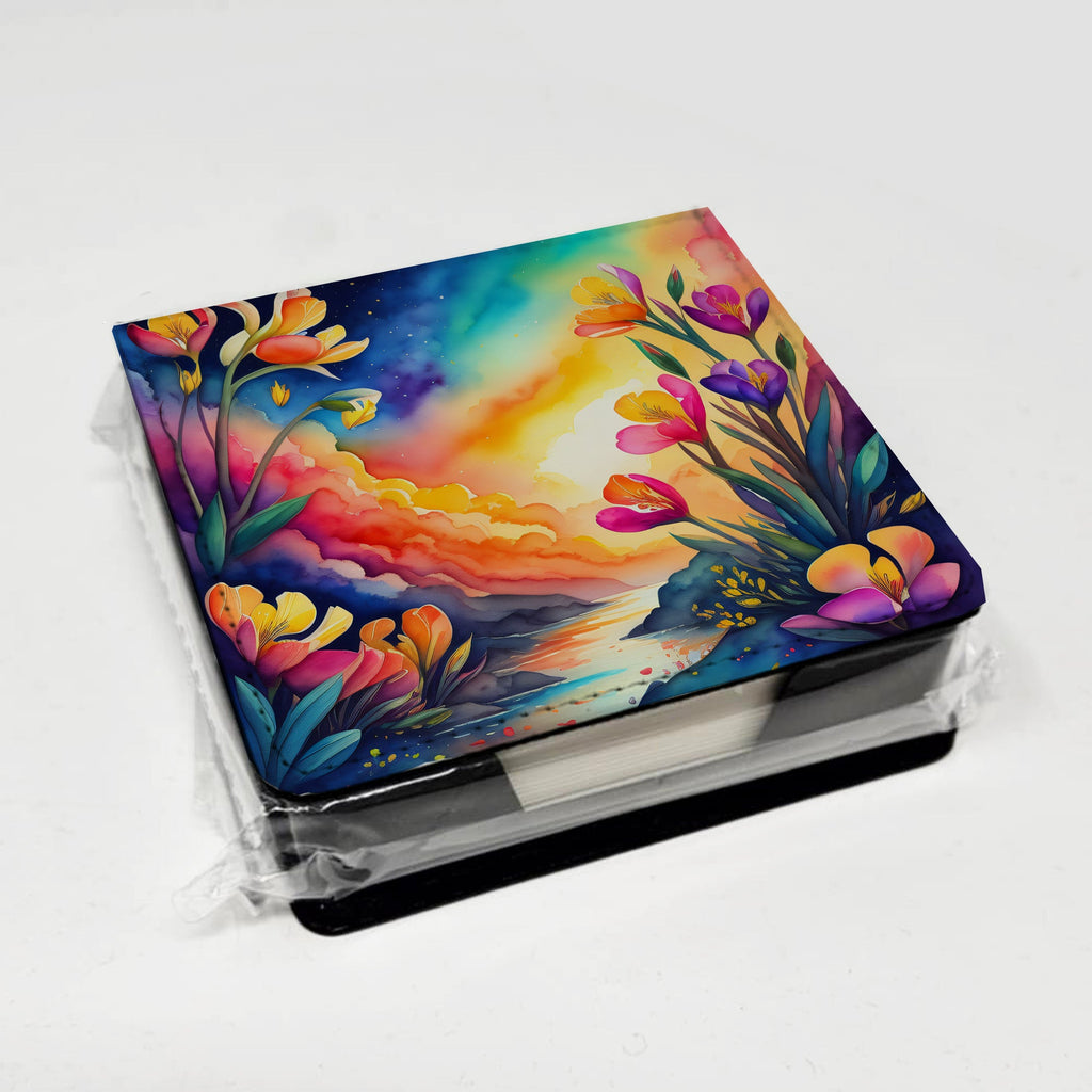 Colorful Freesia PU Leather Note Paper Holder with Artist-Designed Cover, Desk Accessory, Office Gift