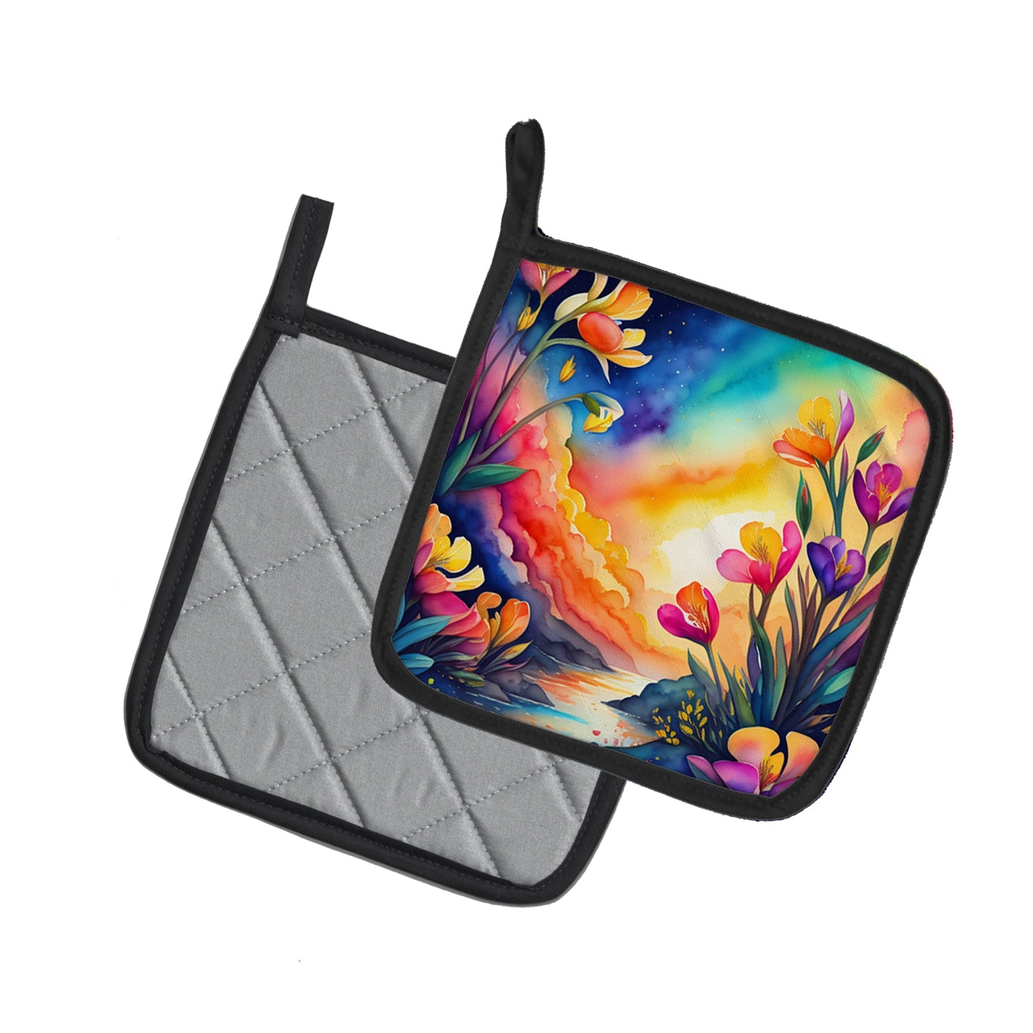 Colorful Freesia Pot Holder Set of 2 Heat Resistant Quilted Hot Pads 7.5 x 7.5 Inch, Insulated Kitchen Trivets for Cooking & Baking