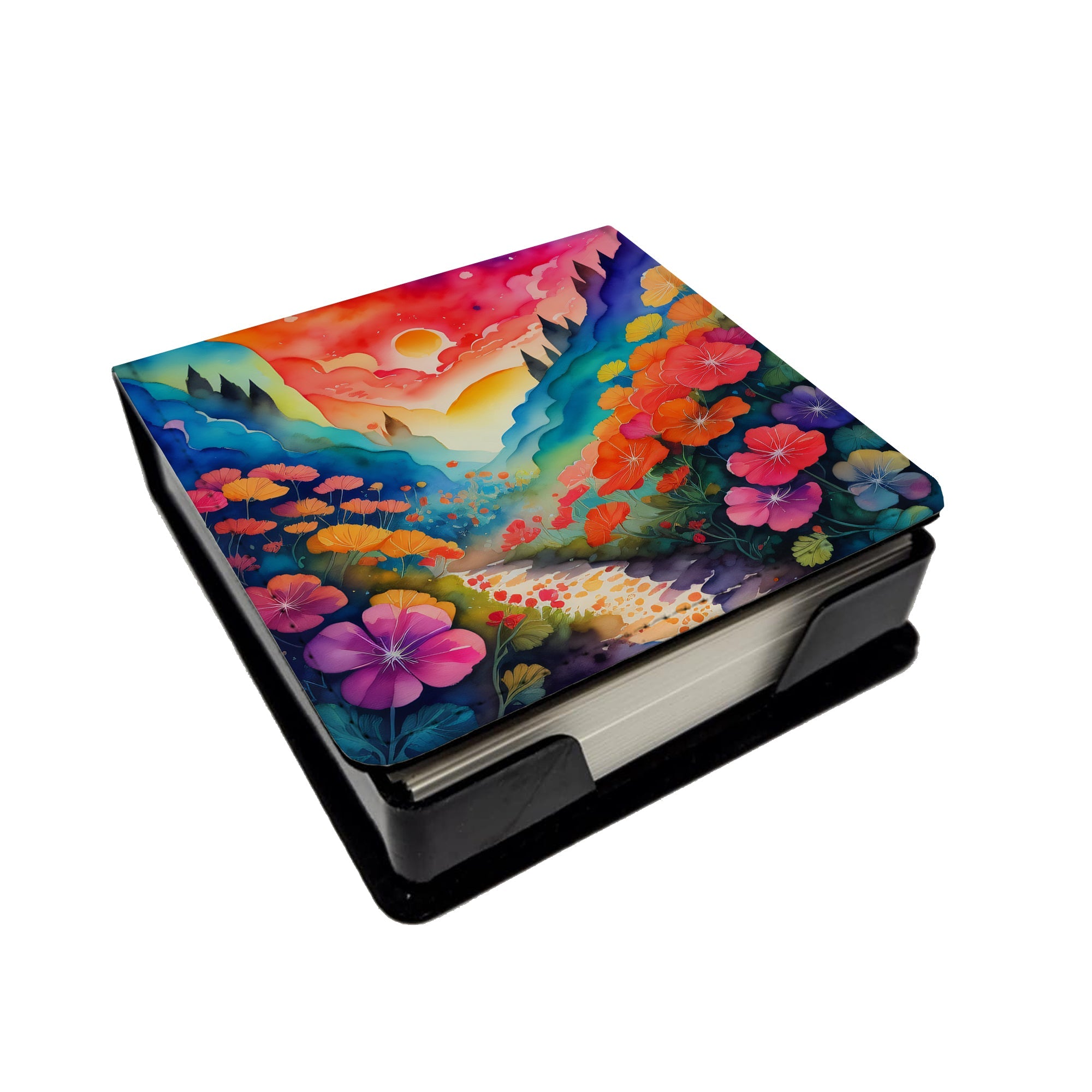 Colorful Geraniums PU Leather Note Paper Holder with Artist-Designed Cover, Desk Accessory, Office Gift