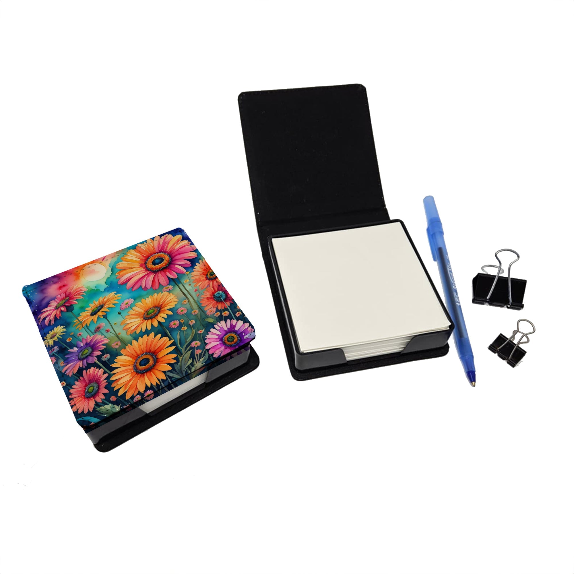 Colorful Gerbera Daisies PU Leather Note Paper Holder with Artist-Designed Cover, Desk Accessory, Office Gift