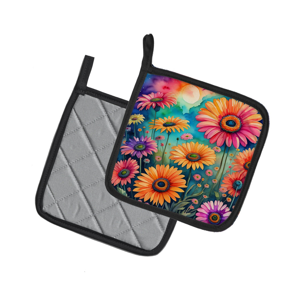 Colorful Gerbera Daisies Pot Holder Set of 2 Heat Resistant Quilted Hot Pads 7.5 x 7.5 Inch, Insulated Kitchen Trivets for Cooking & Baking