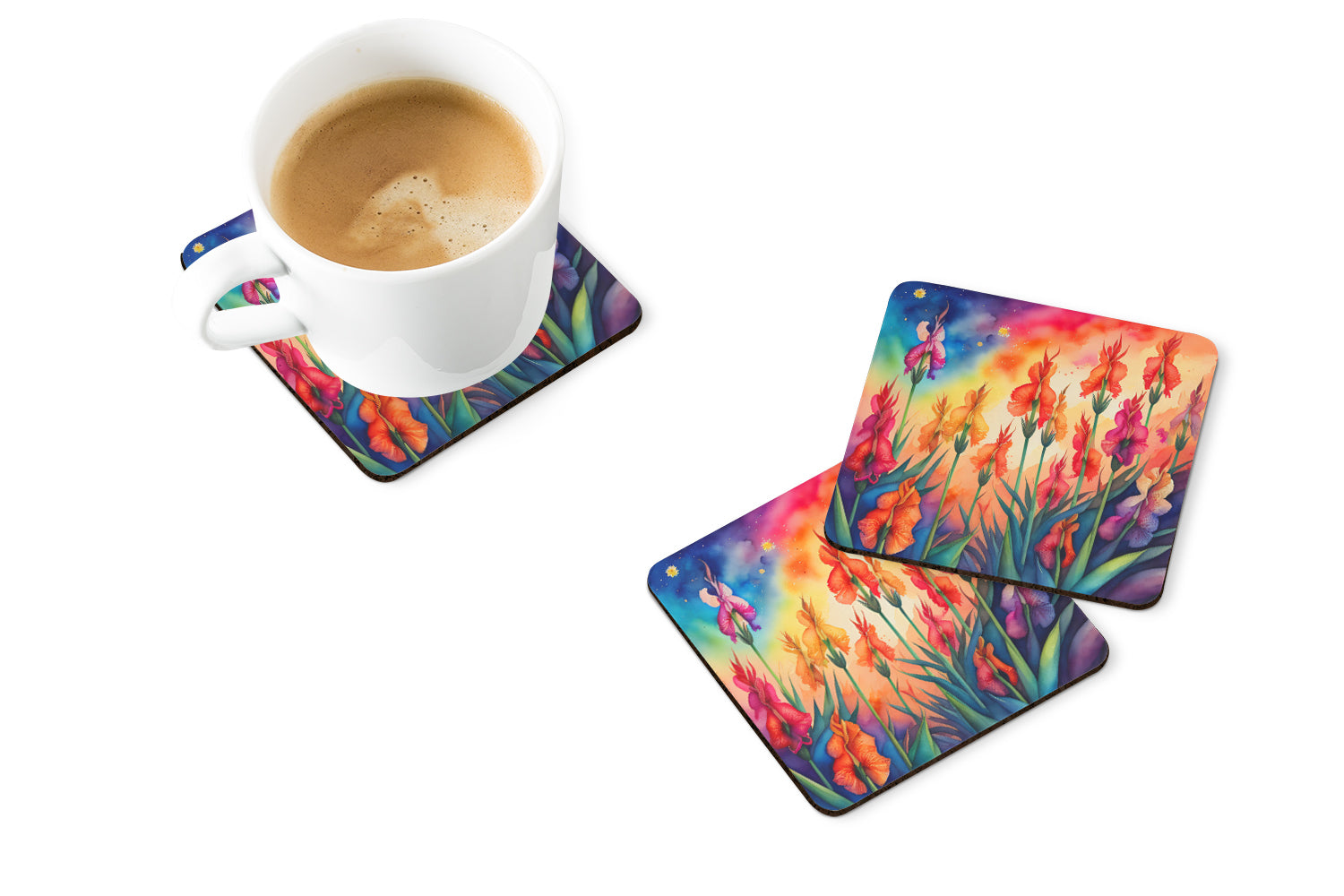 Colorful Gladiolus Foam Coasters Set of 4 Cup Coasters for Indoor Outdoor, Tabletop Protection, Anti Slip, Mouse pad Material