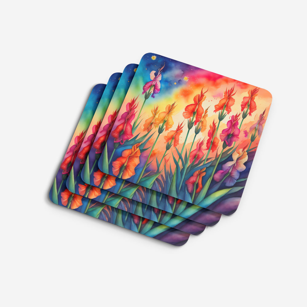 Colorful Gladiolus Foam Coasters Set of 4 Cup Coasters for Indoor Outdoor, Tabletop Protection, Anti Slip, Mouse pad Material